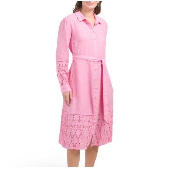 120 LINO 100% Linen Eyelet Detail ShirtDress pink 2061tn - Picture 1 of 7